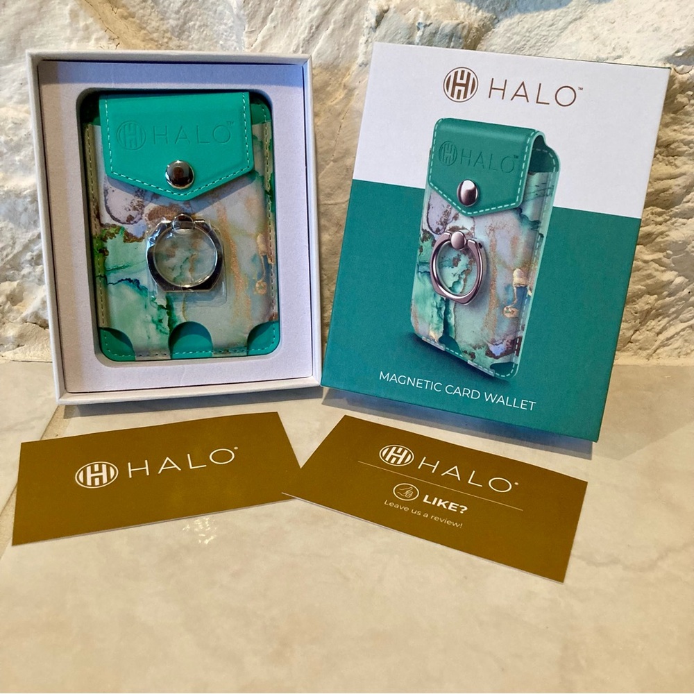 RARE COLOR NIB HALO Teal Marble Magnetic Card Wallet with Ring
